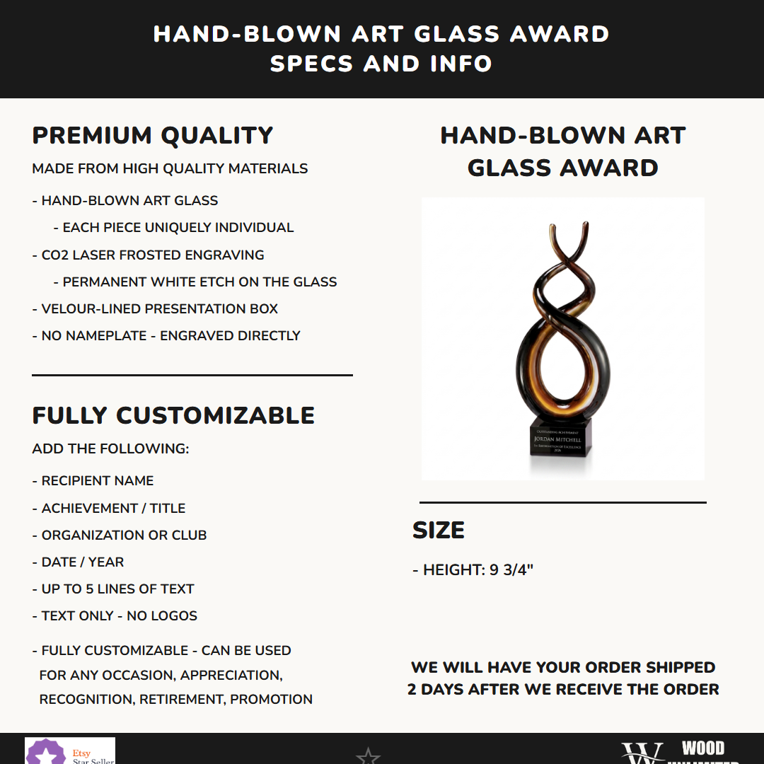 Specifications for the personalized Sculpture art glass award — materials, engraving, and features