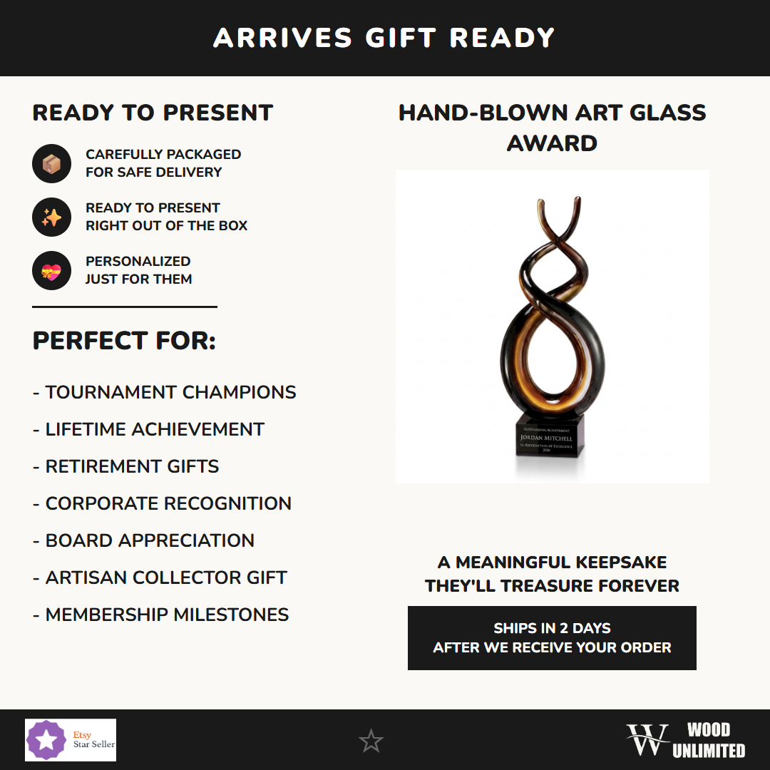 Gift-ready personalized Sculpture art glass award, perfect for ceremonies, retirements, and corporate recognition