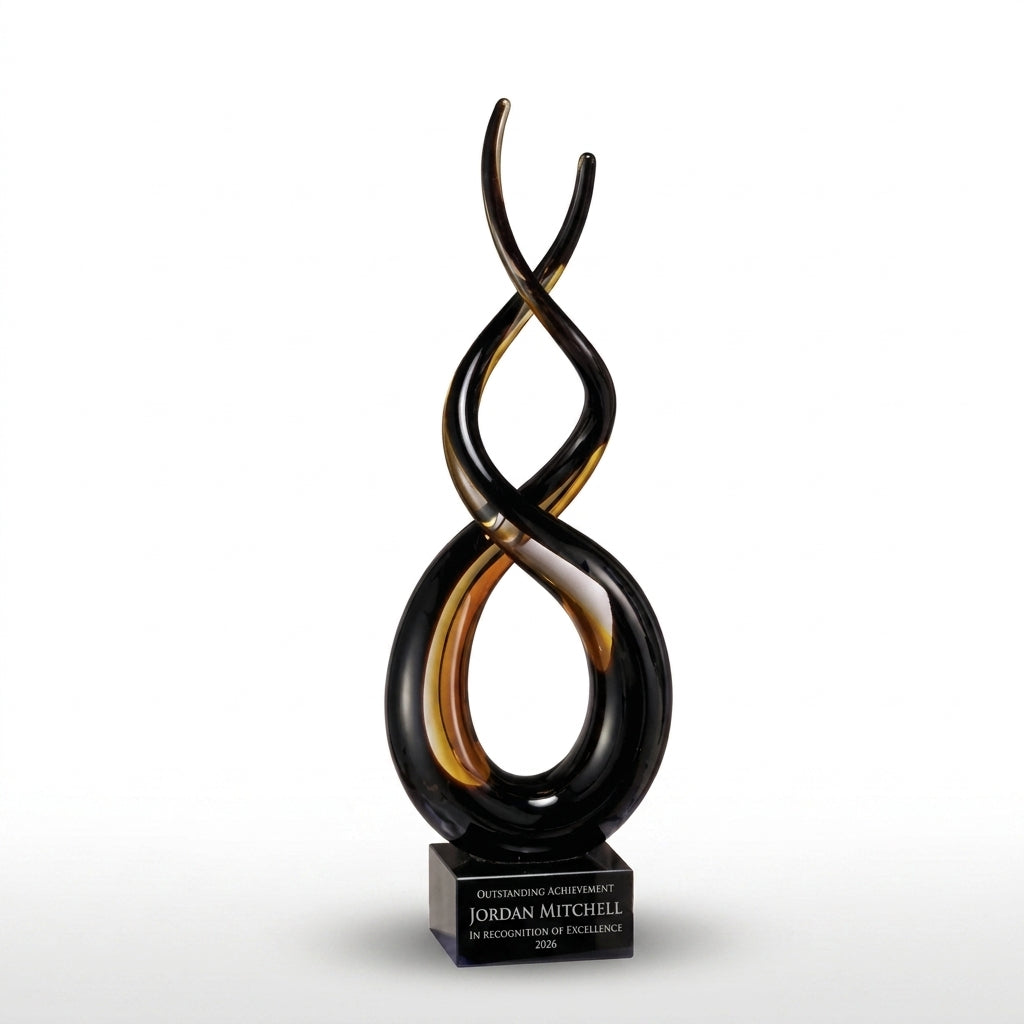 Personalized Sculpture art glass award, custom laser engraved recognition award on a clean white studio background