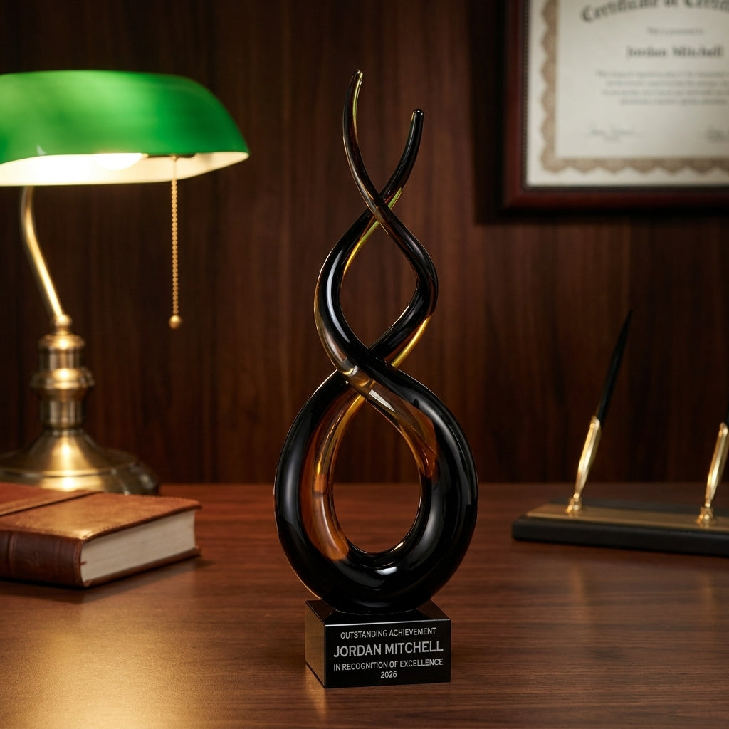 Personalized Sculpture art glass award on a warm executive desk with a green banker's lamp, engraved corporate recognition and retirement gift
