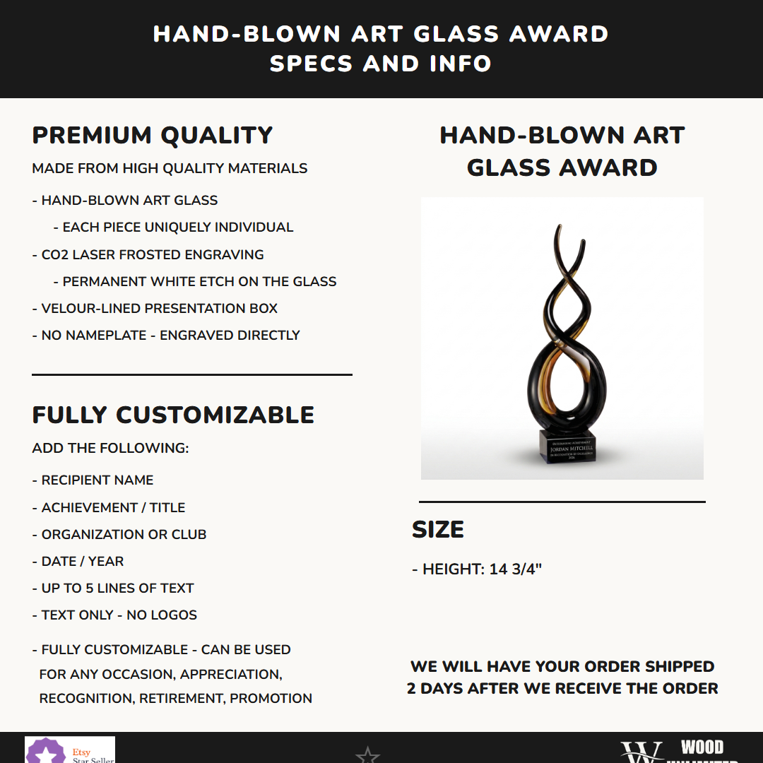 Specifications for the personalized Sculpture art glass award — materials, engraving, and features