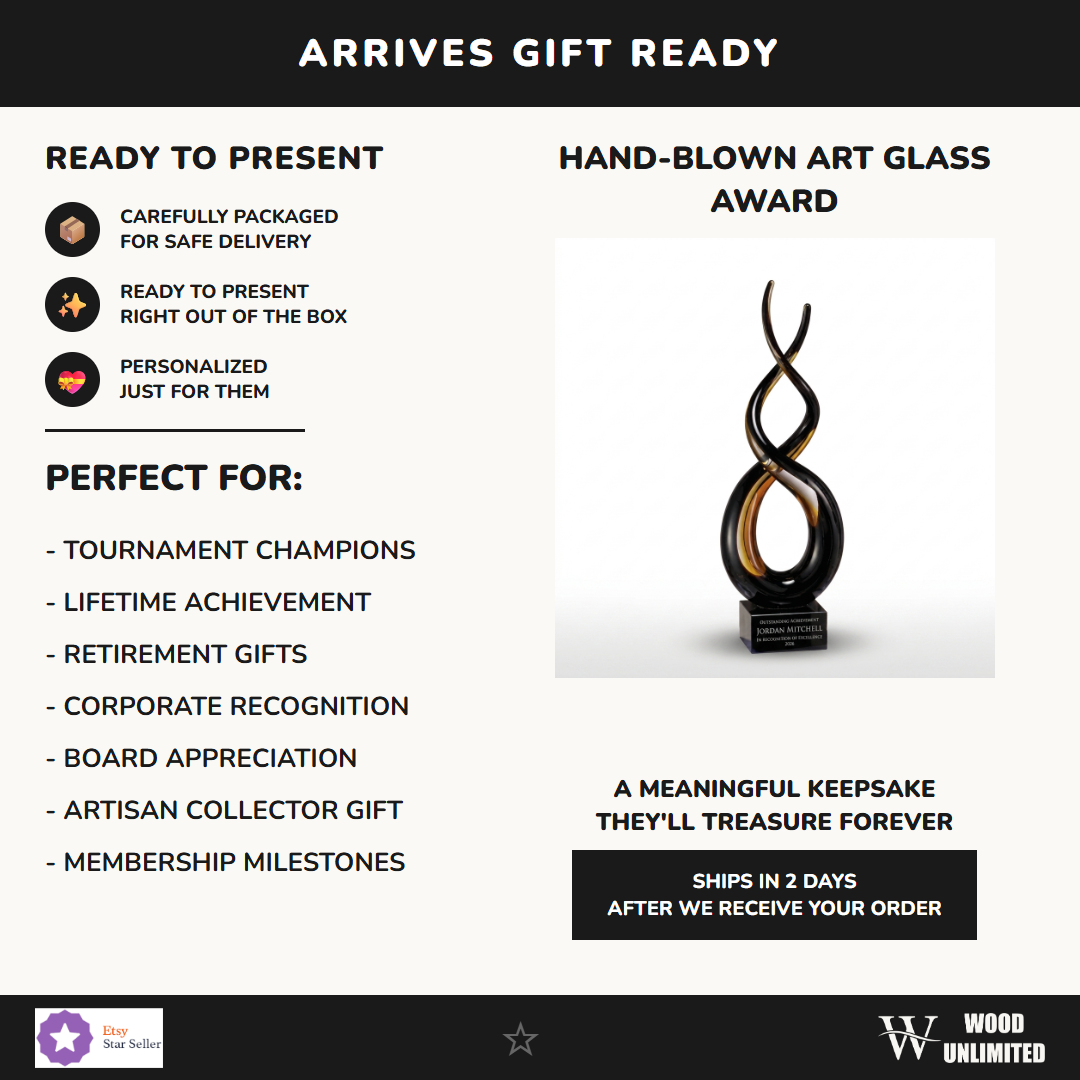 Gift-ready personalized Sculpture art glass award, perfect for ceremonies, retirements, and corporate recognition