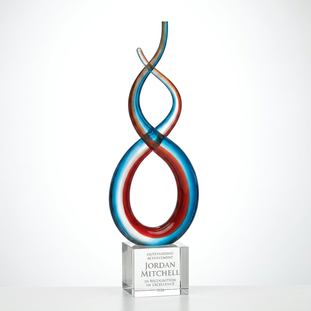 Personalized Red White Blue Infinity art glass award, custom laser engraved recognition award on a clean white studio background