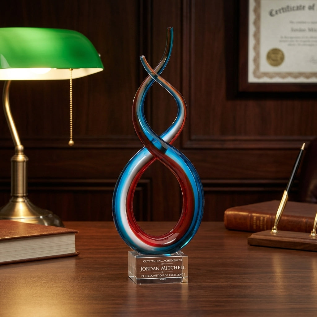 Personalized Red White Blue Infinity art glass award on a warm executive desk with a green banker's lamp, engraved corporate recognition and retirement gift