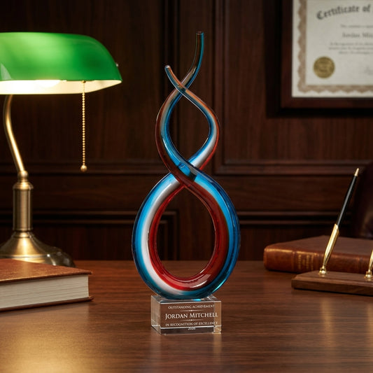 Personalized Red White Blue Infinity art glass award on a warm executive desk with a green banker's lamp, engraved corporate recognition and retirement gift