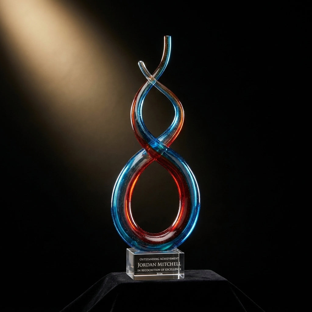 Personalized Red White Blue Infinity art glass award on black velvet under awards-ceremony spotlight, engraved champion and lifetime achievement award