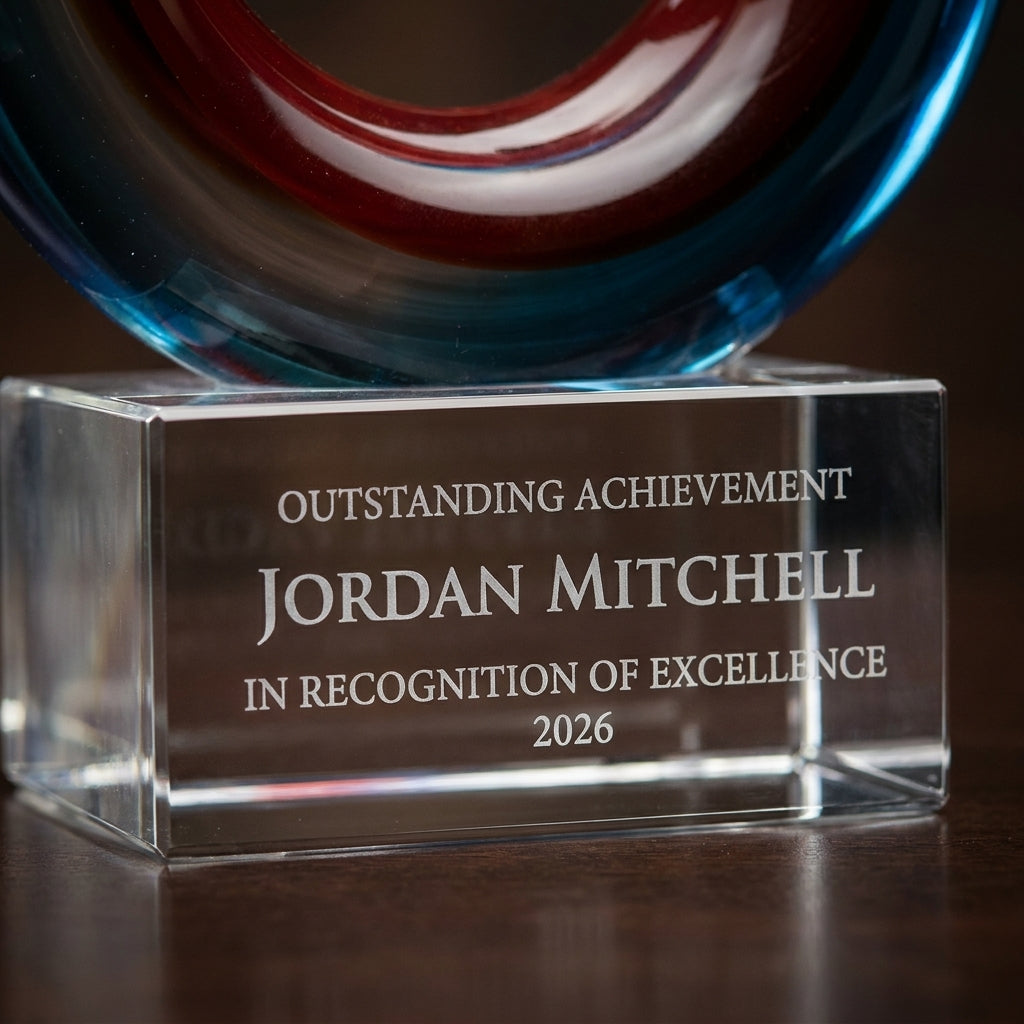 Close-up of the custom laser engraving on a personalized Red White Blue Infinity art glass award, showing crisp permanent personalization