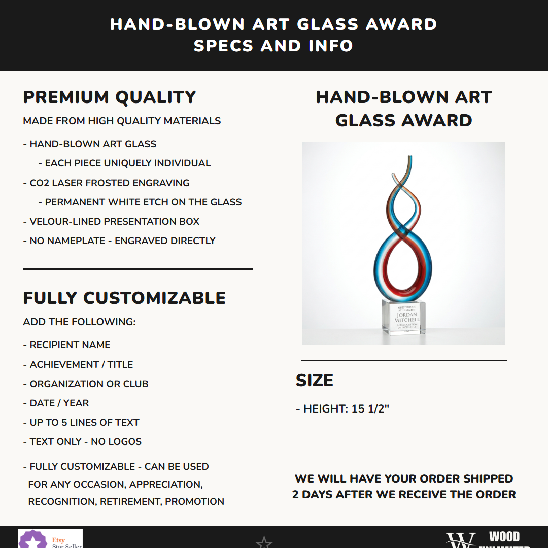 Specifications for the personalized Red White Blue Infinity art glass award — materials, engraving, and features