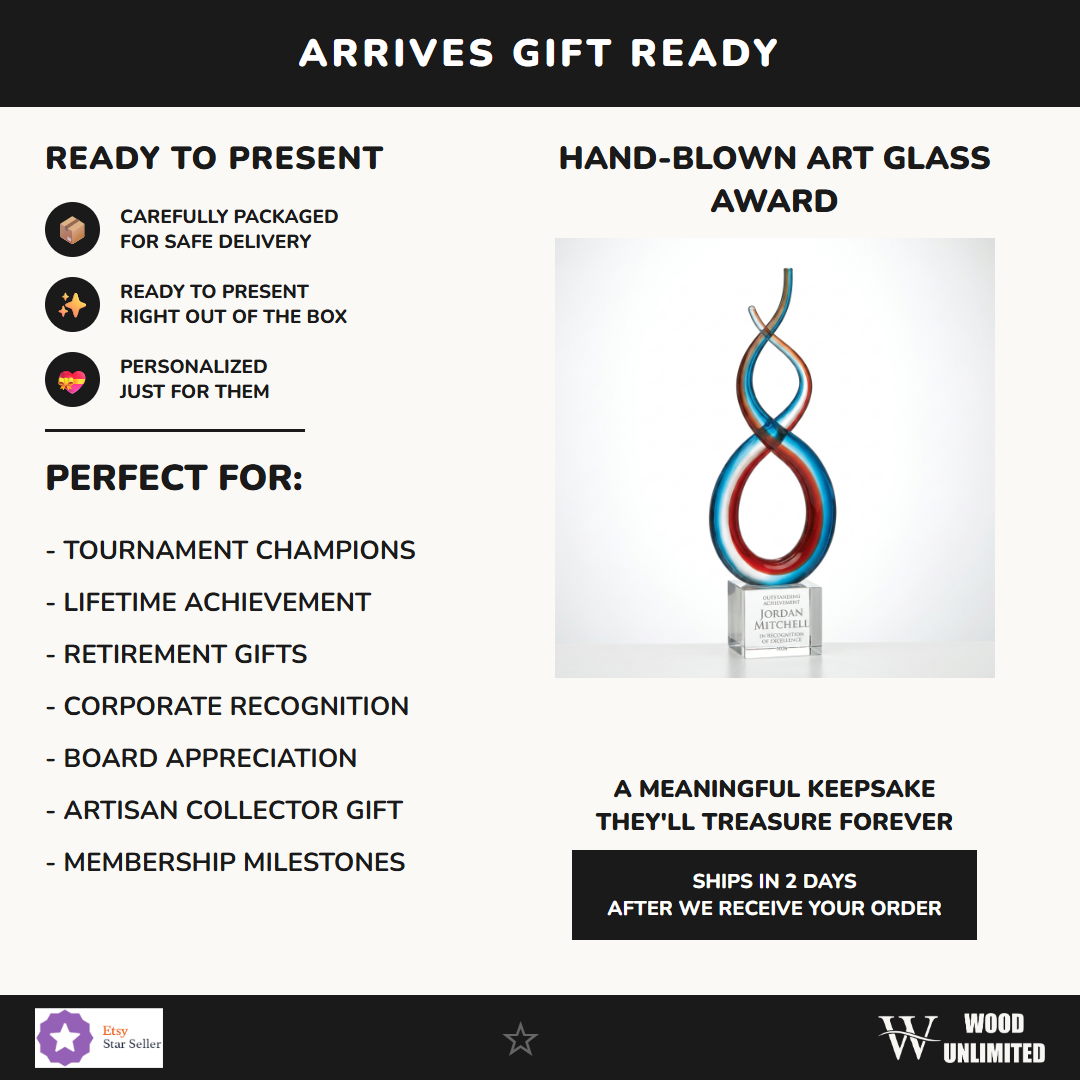 Gift-ready personalized Red White Blue Infinity art glass award, perfect for ceremonies, retirements, and corporate recognition