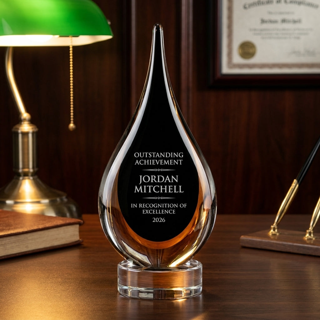 Personalized Black Teardrop Cutout art glass award on a warm executive desk with a green banker's lamp, engraved corporate recognition and retirement gift
