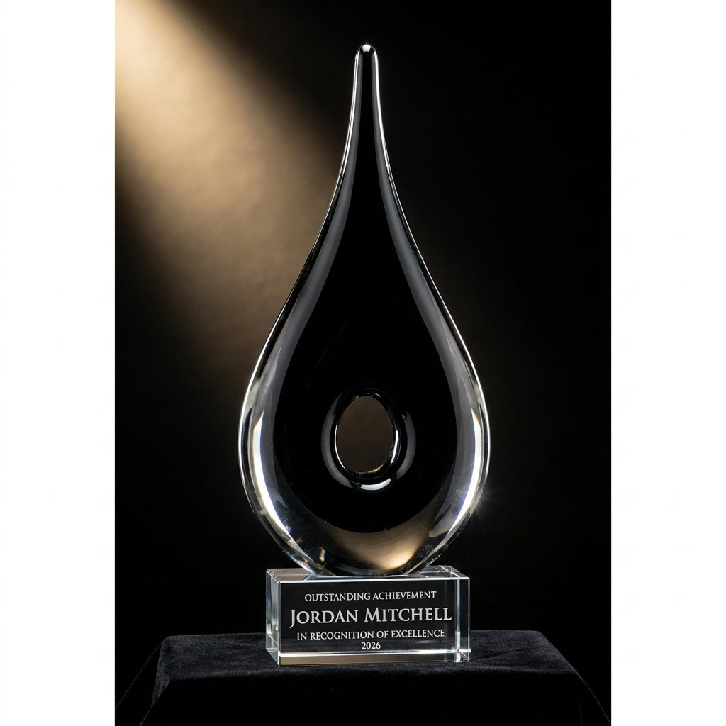 Personalized Black Teardrop Cutout art glass award on black velvet under awards-ceremony spotlight, engraved champion and lifetime achievement award
