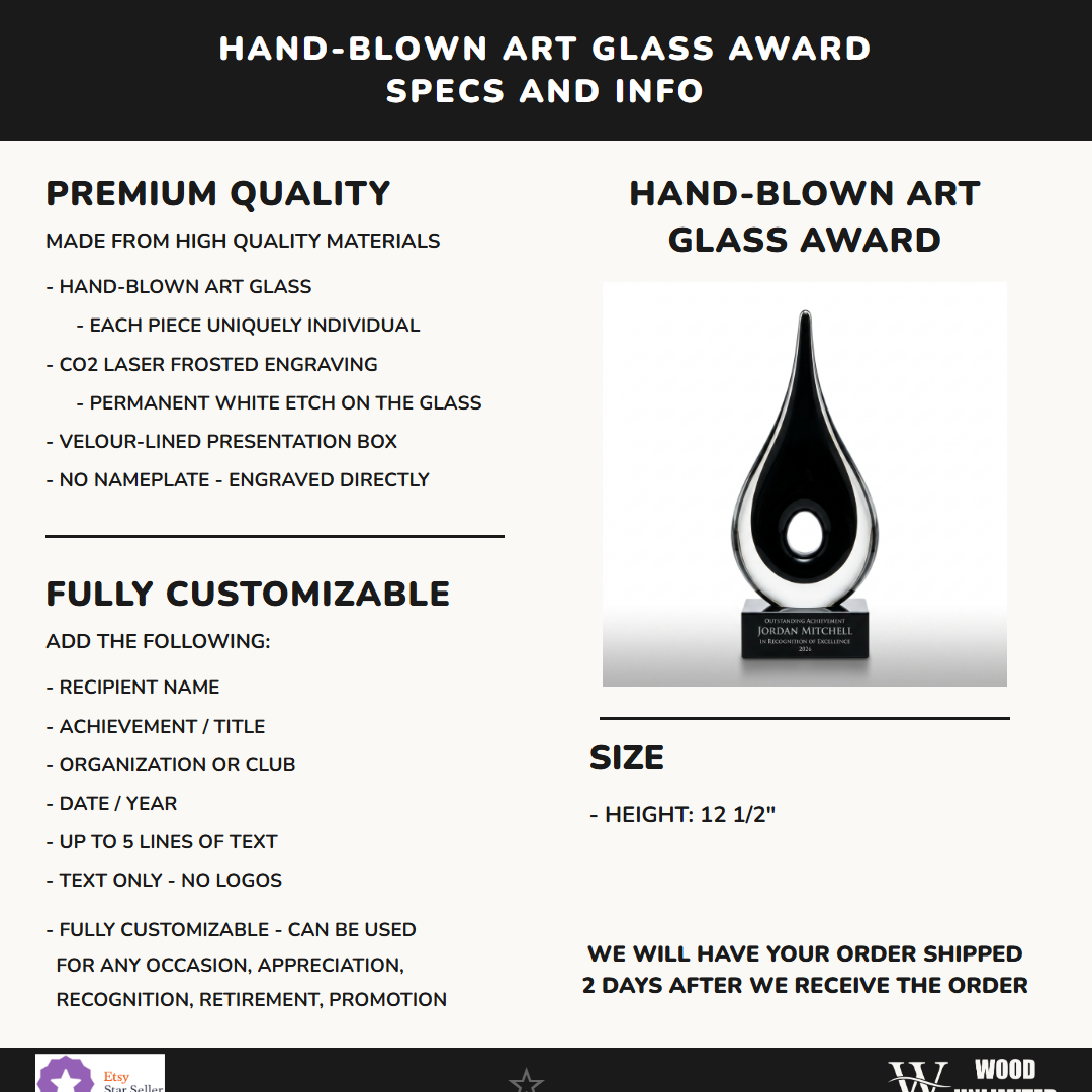 Specifications for the personalized Black Teardrop Cutout art glass award — materials, engraving, and features