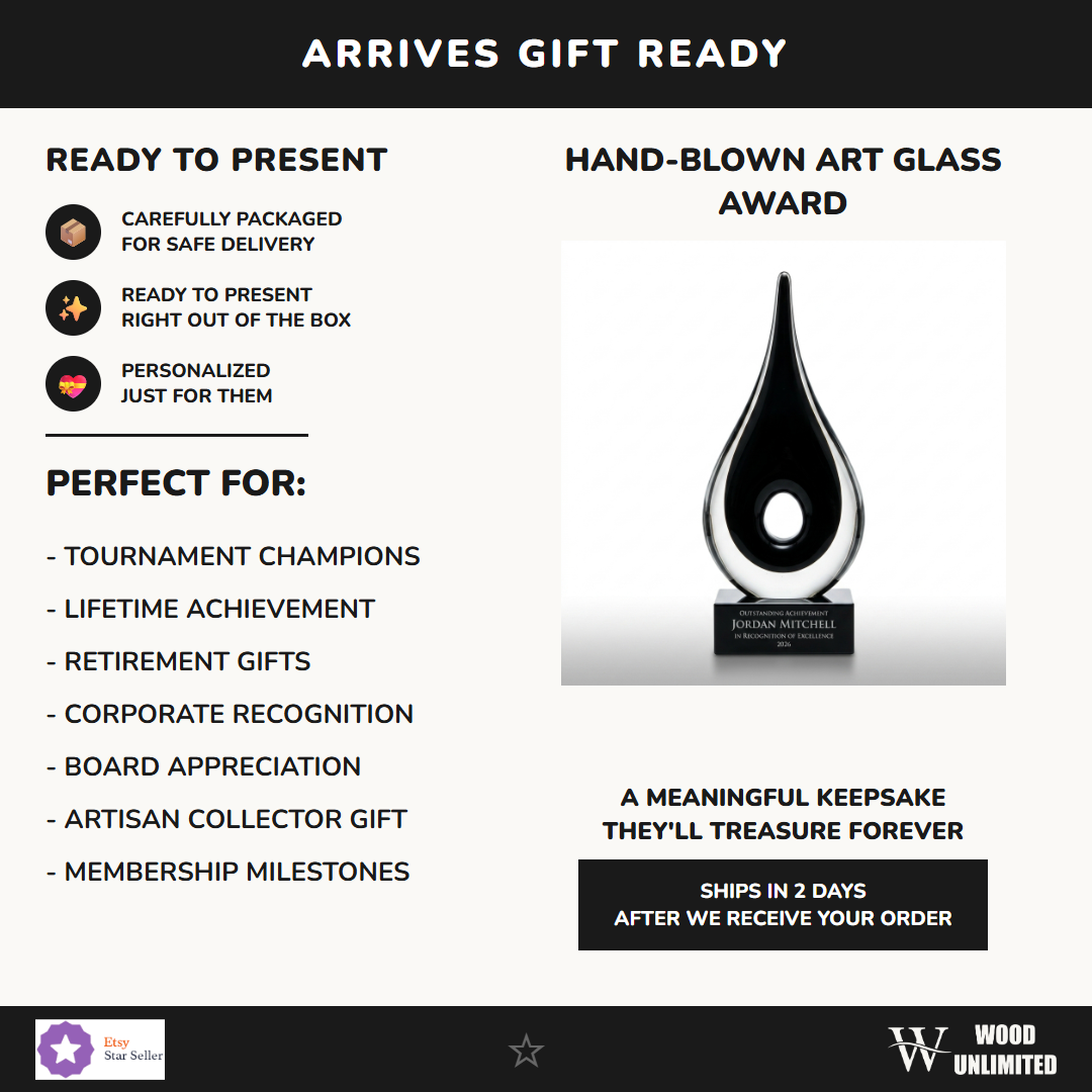 Gift-ready personalized Black Teardrop Cutout art glass award, perfect for ceremonies, retirements, and corporate recognition