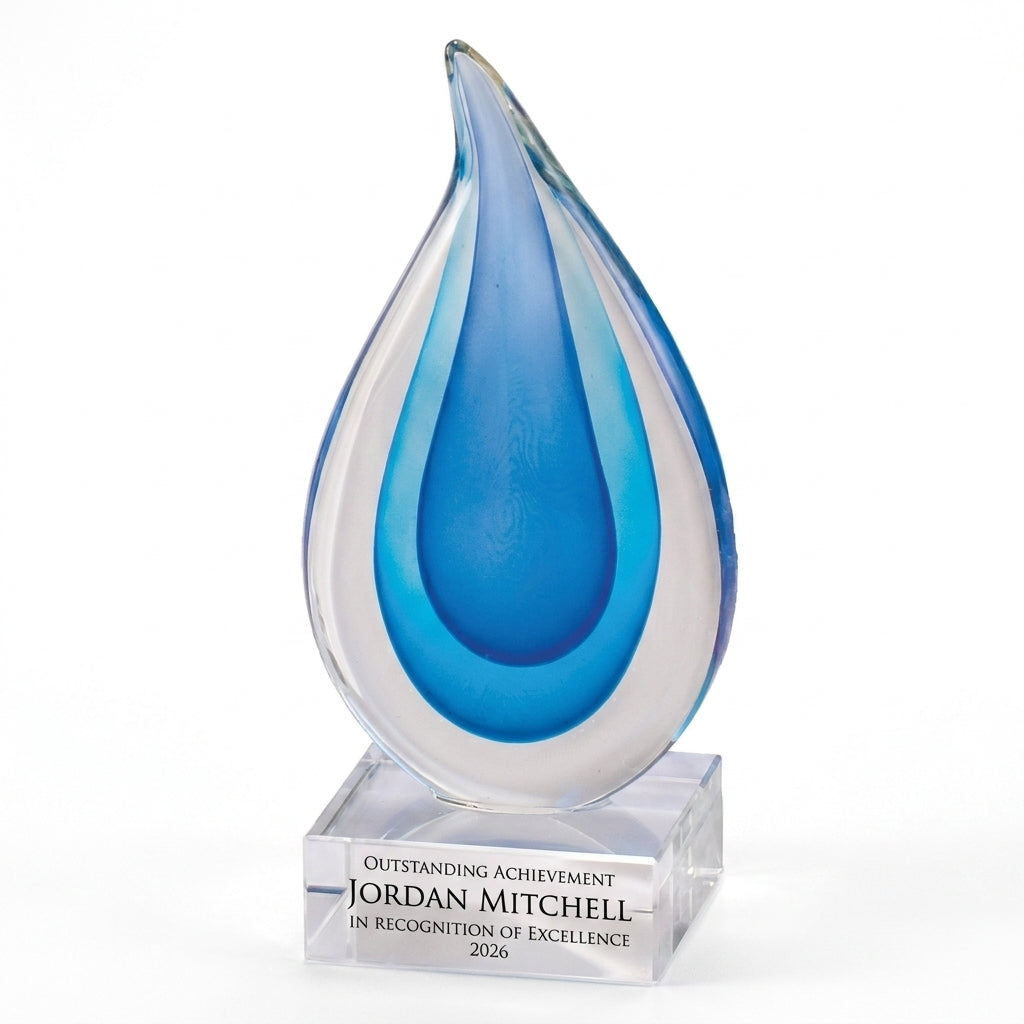 Personalized Aqua Blue Raindrop art glass award, custom laser engraved recognition award on a clean white studio background