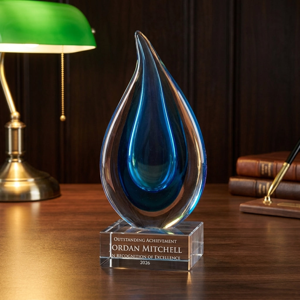 Personalized Aqua Blue Raindrop art glass award on a warm executive desk with a green banker's lamp, engraved corporate recognition and retirement gift