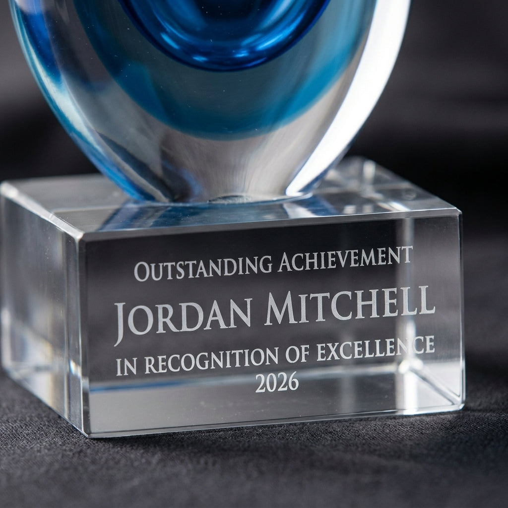 Close-up of the custom laser engraving on a personalized Aqua Blue Raindrop art glass award, showing crisp permanent personalization