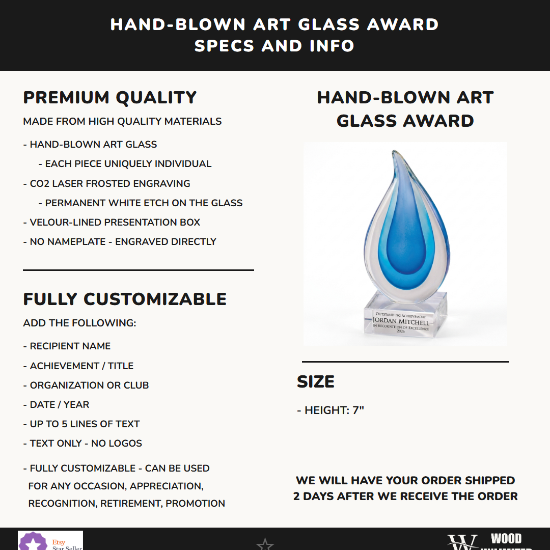 Specifications for the personalized Aqua Blue Raindrop art glass award — materials, engraving, and features