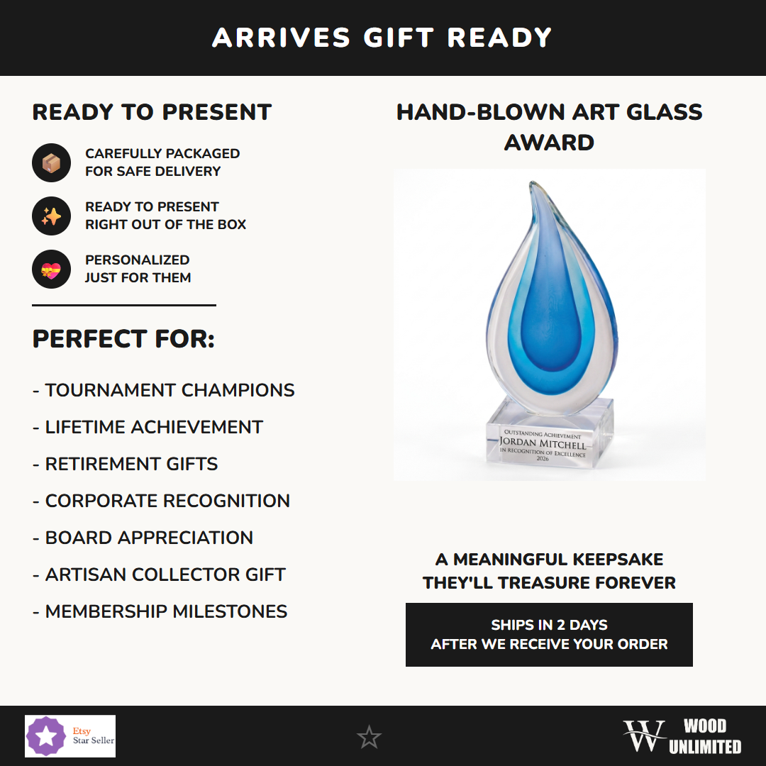 Gift-ready personalized Aqua Blue Raindrop art glass award, perfect for ceremonies, retirements, and corporate recognition