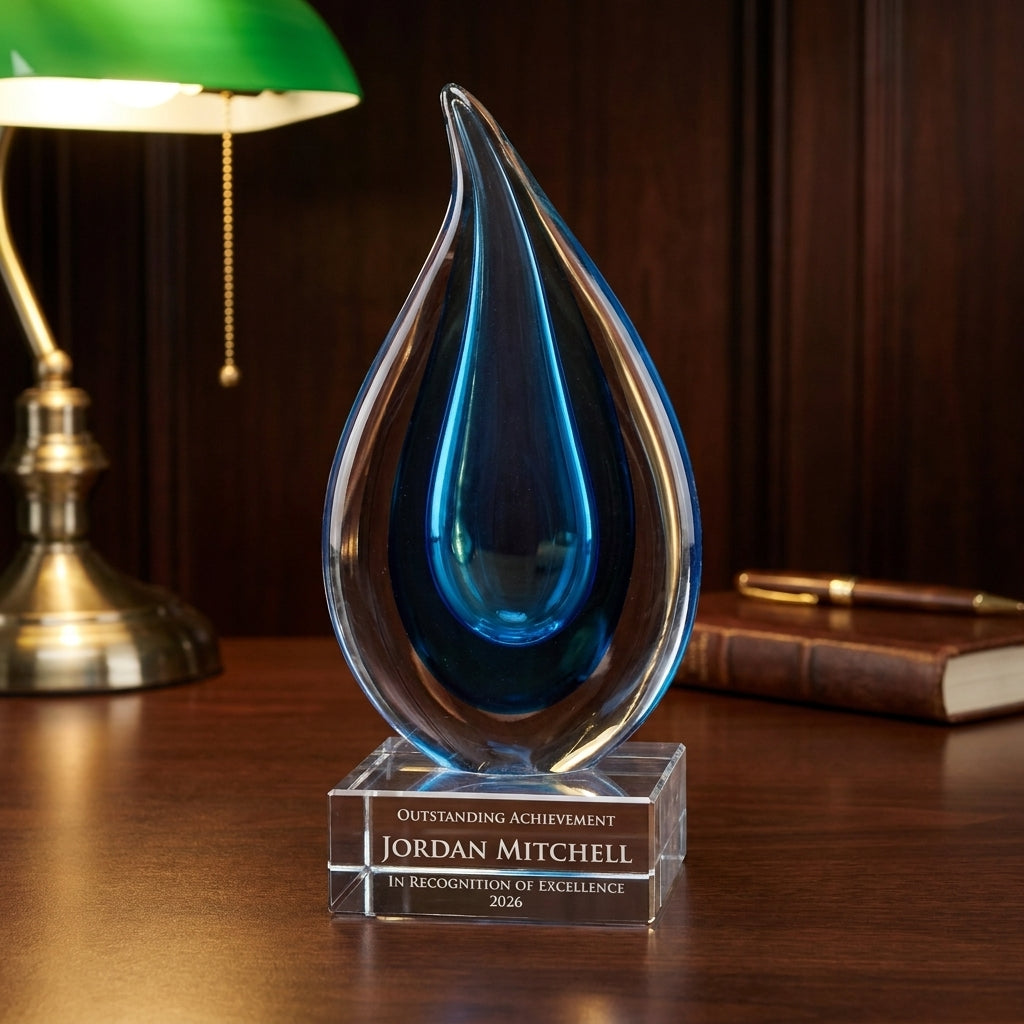 Personalized Sculpture art glass award on a warm executive desk with a green banker's lamp, engraved corporate recognition and retirement gift