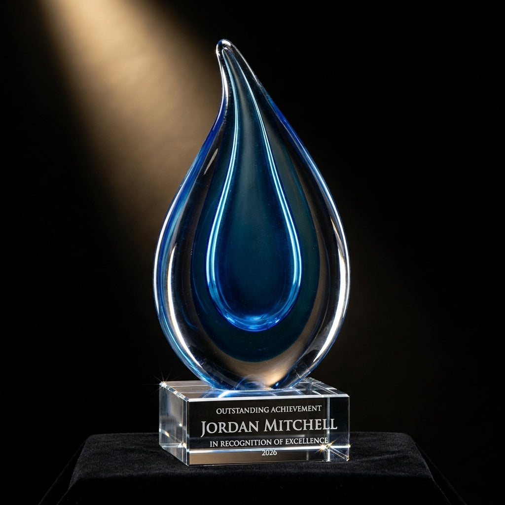 Personalized Sculpture art glass award on black velvet under awards-ceremony spotlight, engraved champion and lifetime achievement award