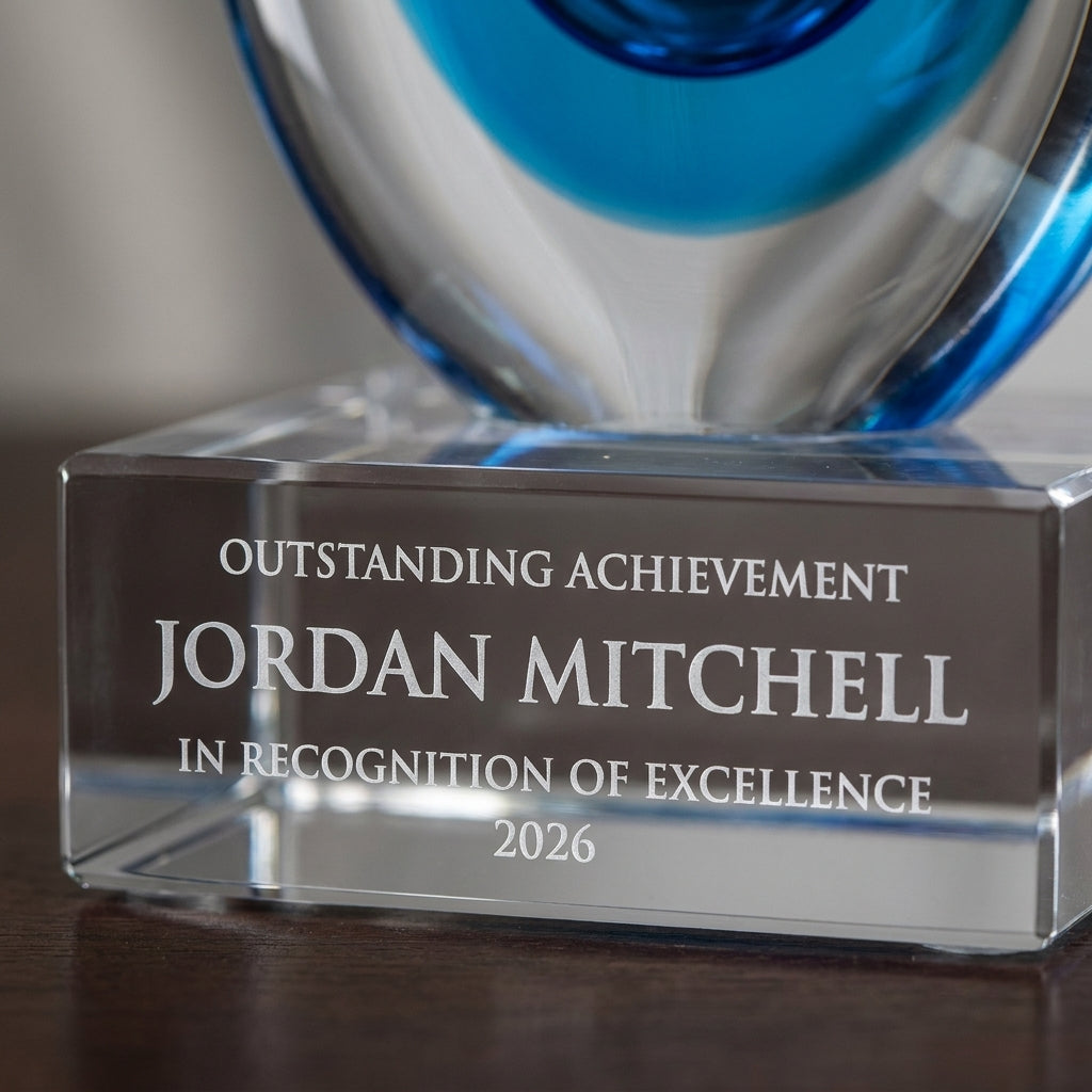 Close-up of the custom laser engraving on a personalized Sculpture art glass award, showing crisp permanent personalization