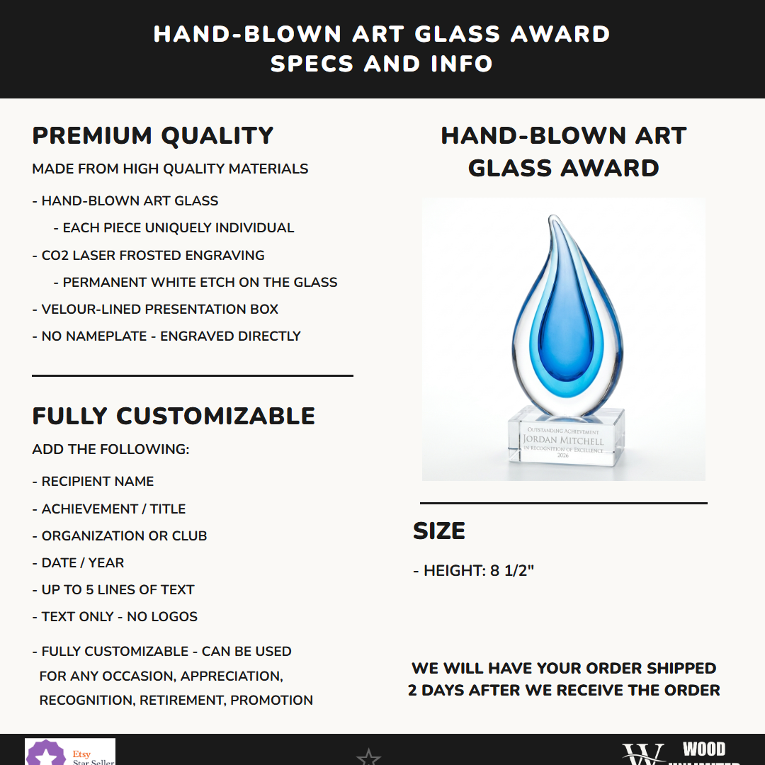 Specifications for the personalized Sculpture art glass award — materials, engraving, and features
