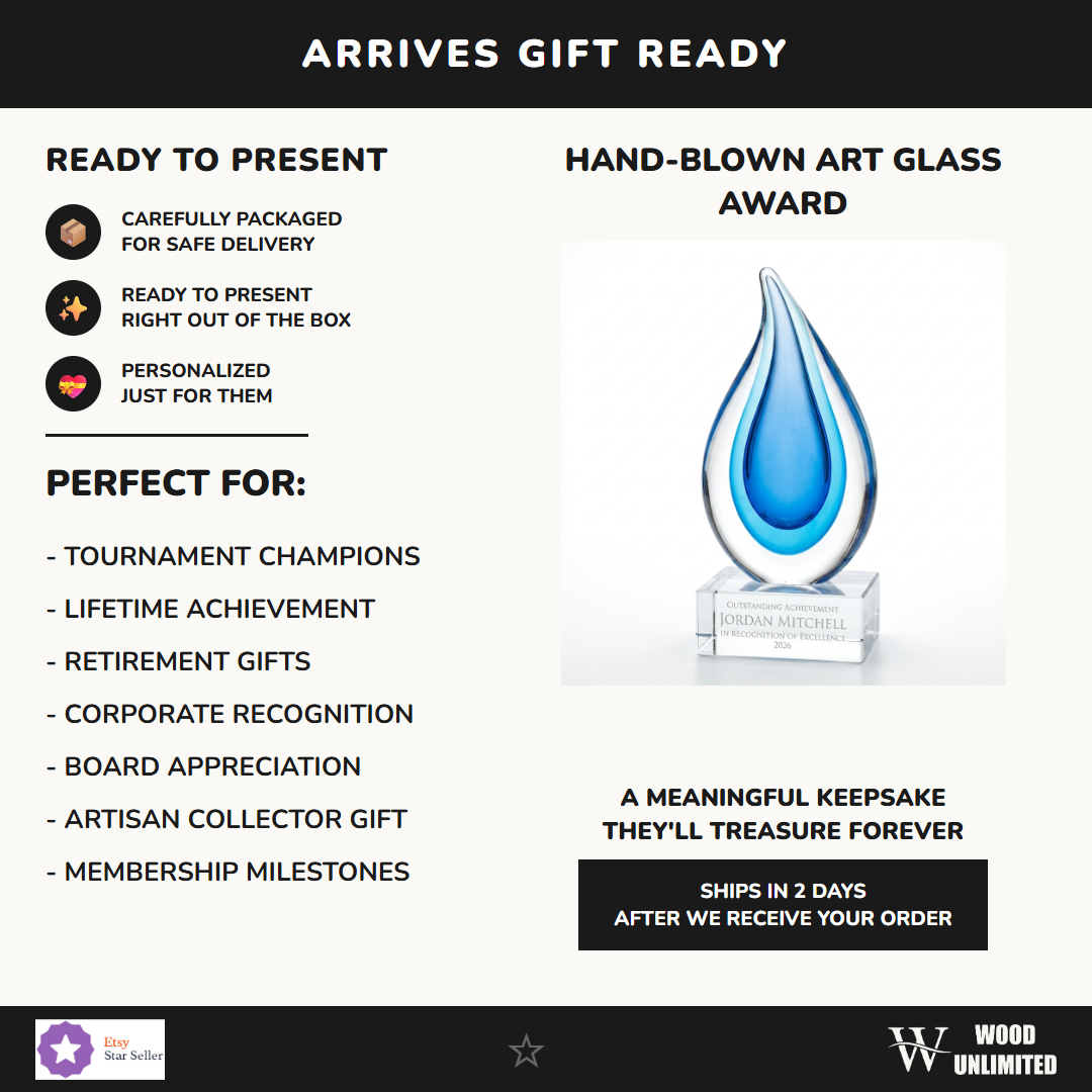 Gift-ready personalized Sculpture art glass award, perfect for ceremonies, retirements, and corporate recognition