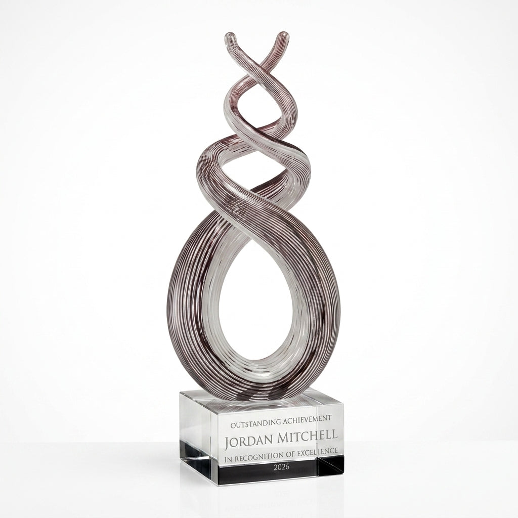 Personalized Plum Twist Spire art glass award, custom laser engraved recognition award on a clean white studio background