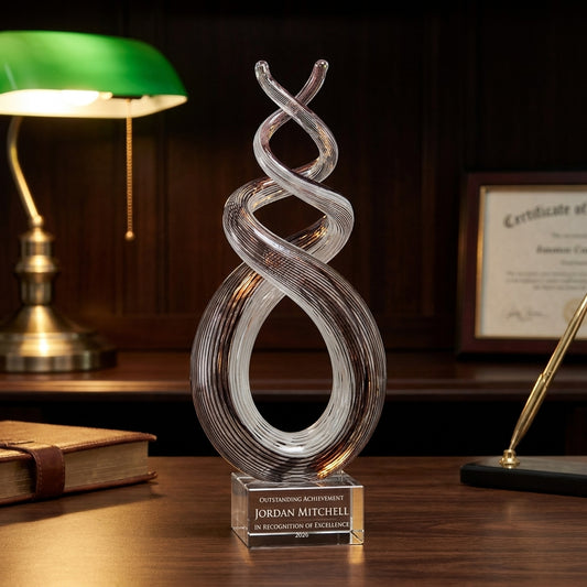 Personalized Plum Twist Spire art glass award on a warm executive desk with a green banker's lamp, engraved corporate recognition and retirement gift
