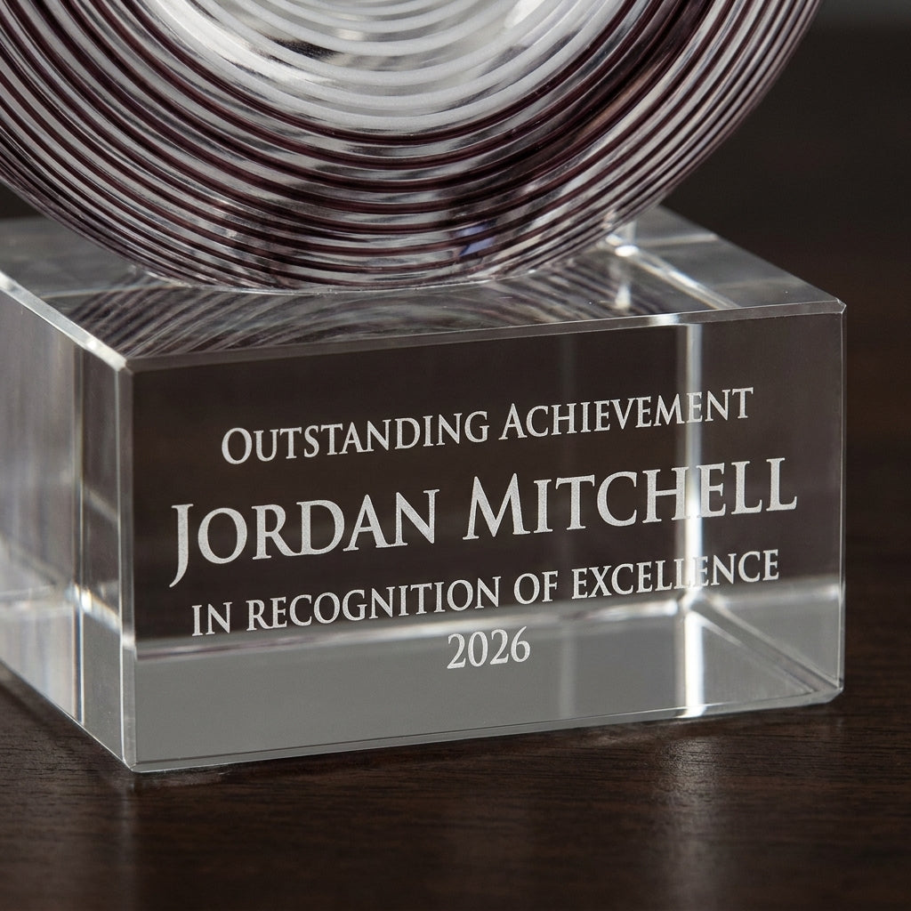 Close-up of the custom laser engraving on a personalized Plum Twist Spire art glass award, showing crisp permanent personalization