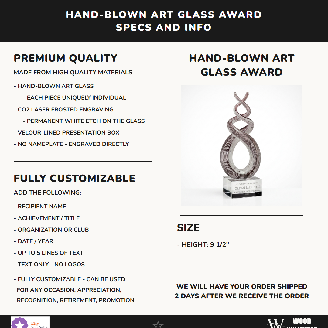 Specifications for the personalized Plum Twist Spire art glass award — materials, engraving, and features