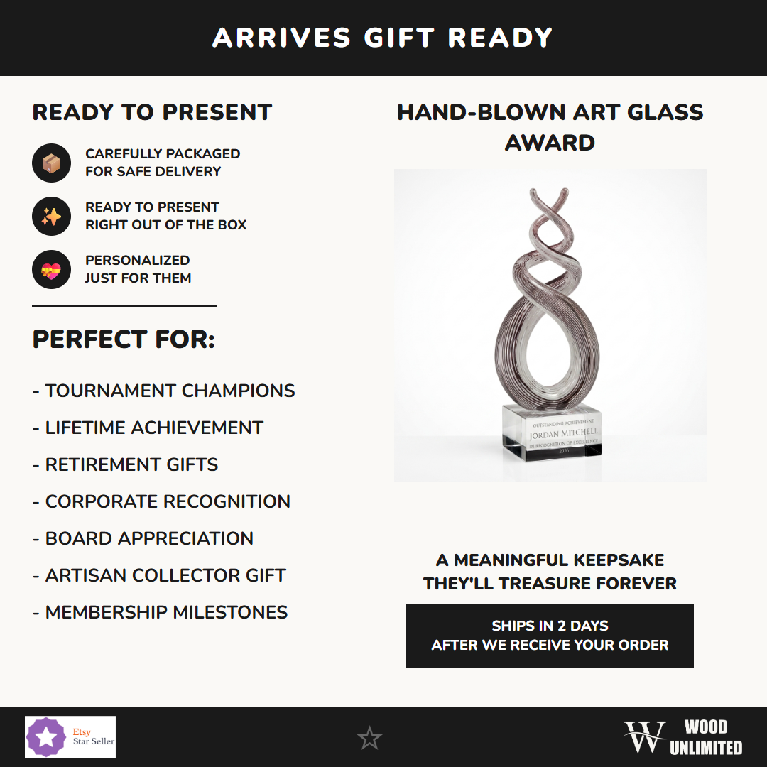 Gift-ready personalized Plum Twist Spire art glass award, perfect for ceremonies, retirements, and corporate recognition