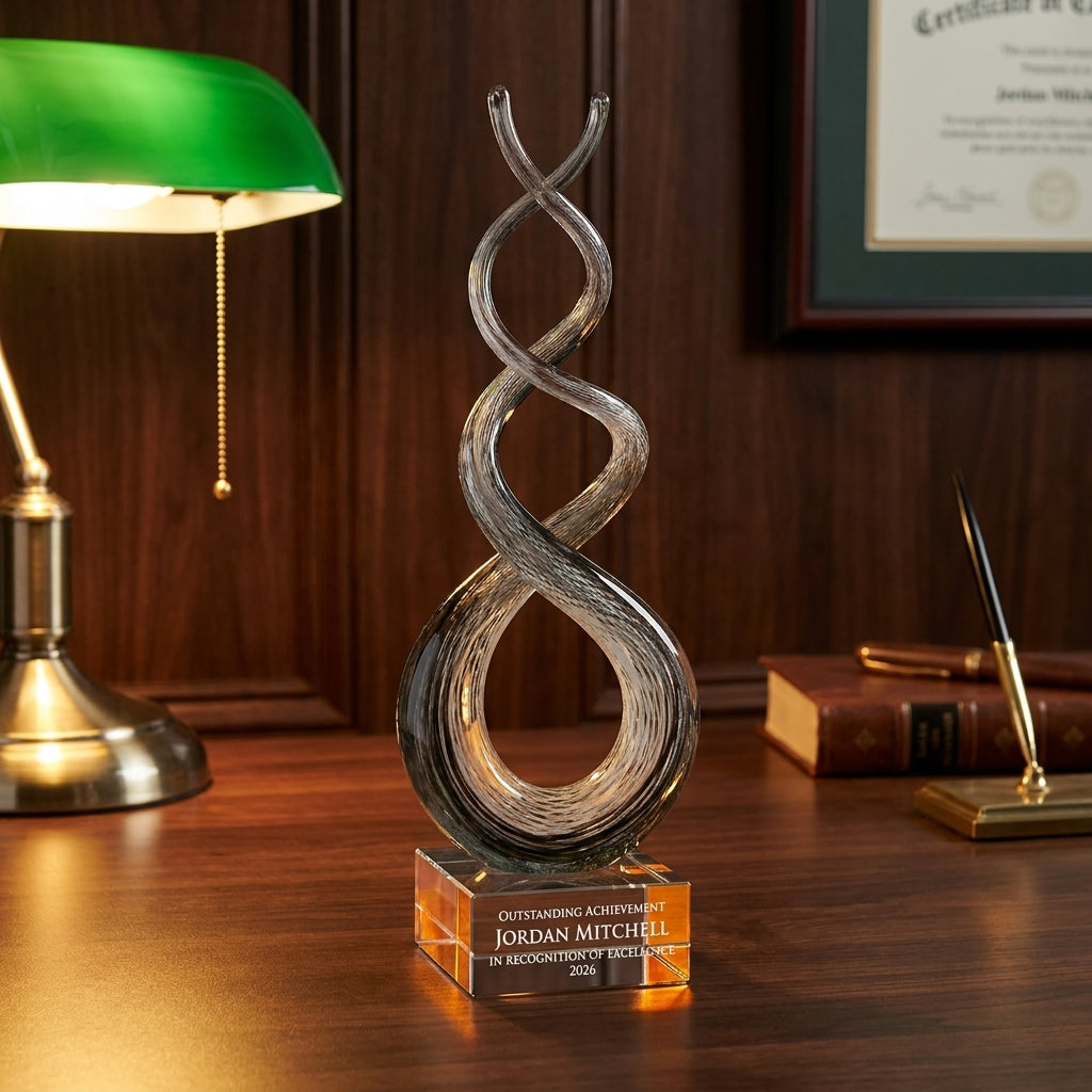 Personalized Smoke Crystal Twist art glass award on a warm executive desk with a green banker's lamp, engraved corporate recognition and retirement gift