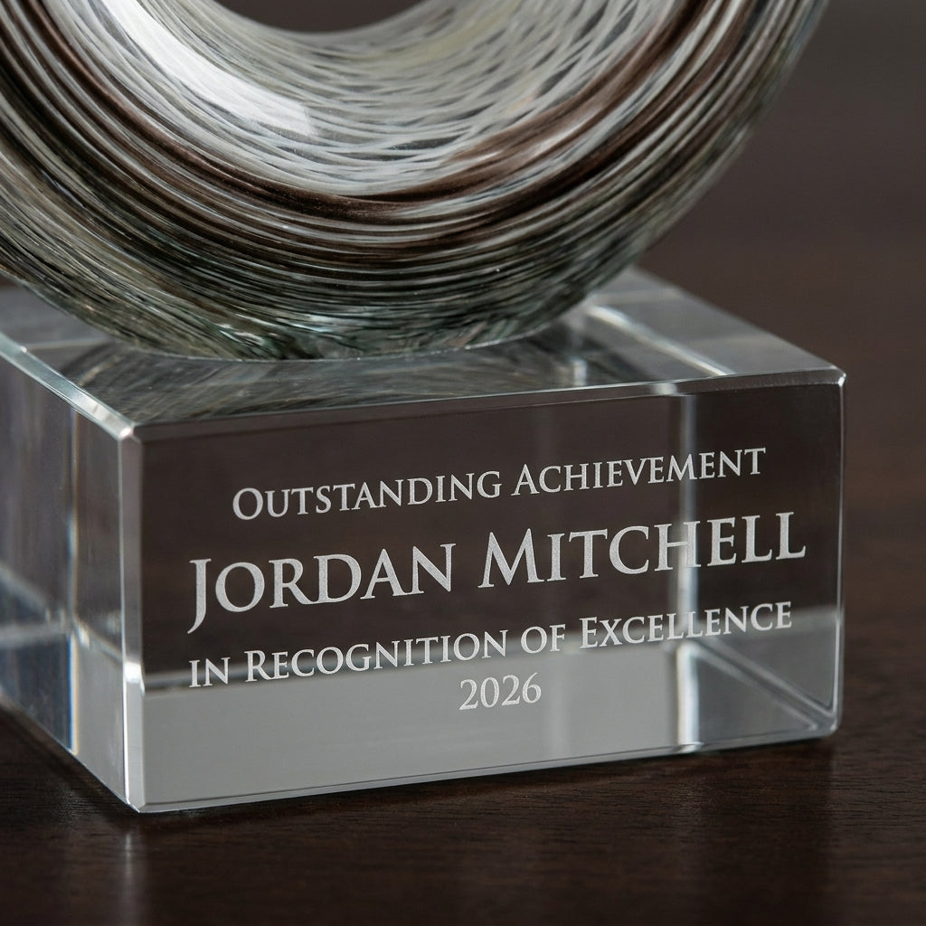 Close-up of the custom laser engraving on a personalized Smoke Crystal Twist art glass award, showing crisp permanent personalization