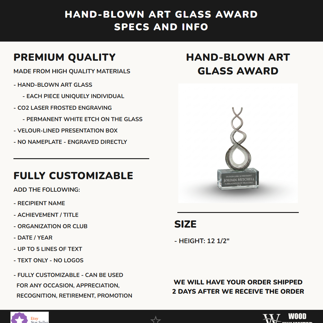 Specifications for the personalized Smoke Crystal Twist art glass award — materials, engraving, and features