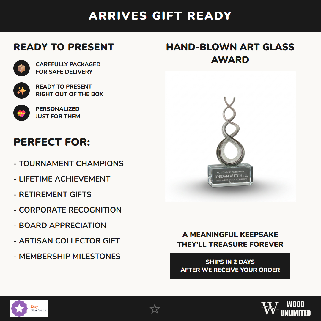Gift-ready personalized Smoke Crystal Twist art glass award, perfect for ceremonies, retirements, and corporate recognition