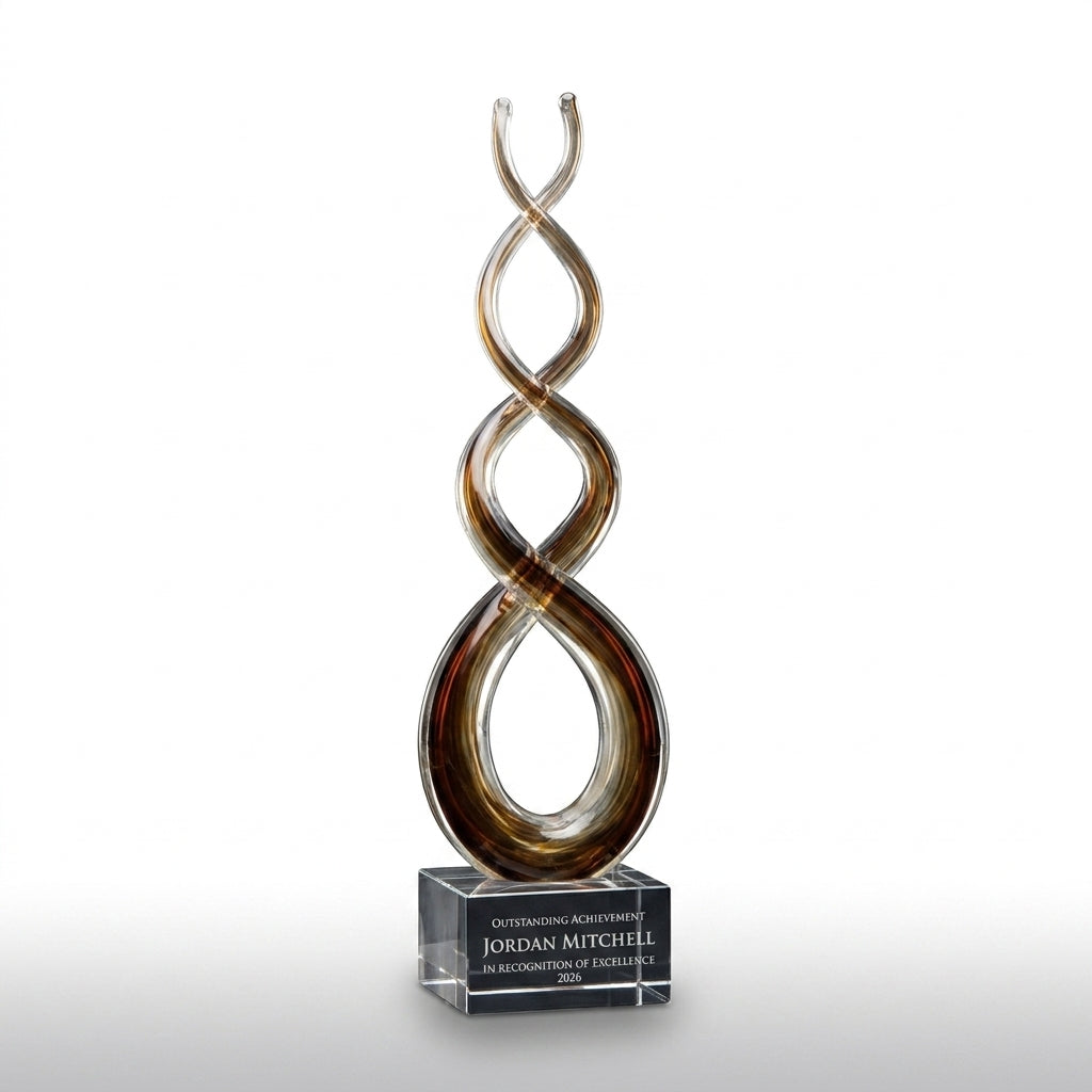 Personalized Amber Caramel Infinity art glass award, custom laser engraved recognition award on a clean white studio background
