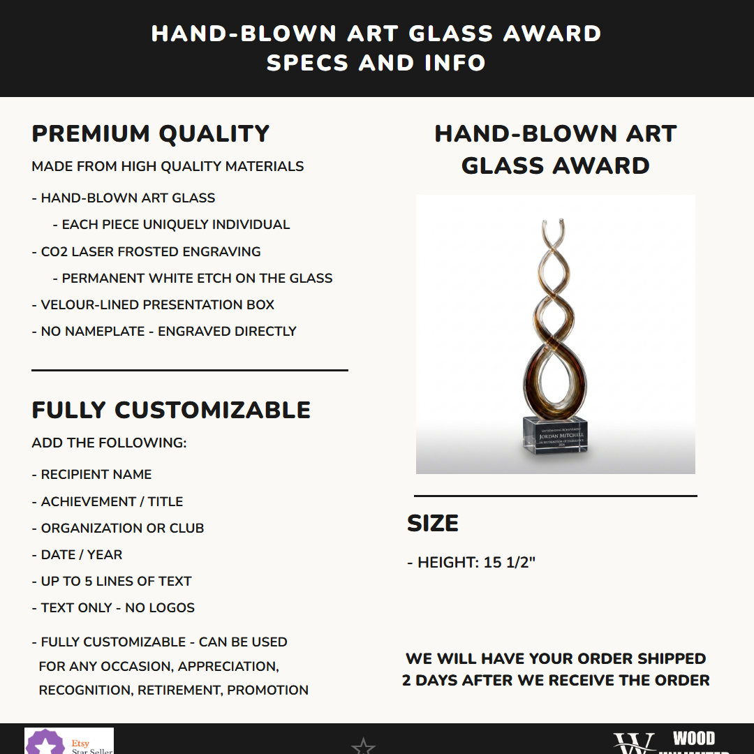 Specifications for the personalized Amber Caramel Infinity art glass award — materials, engraving, and features