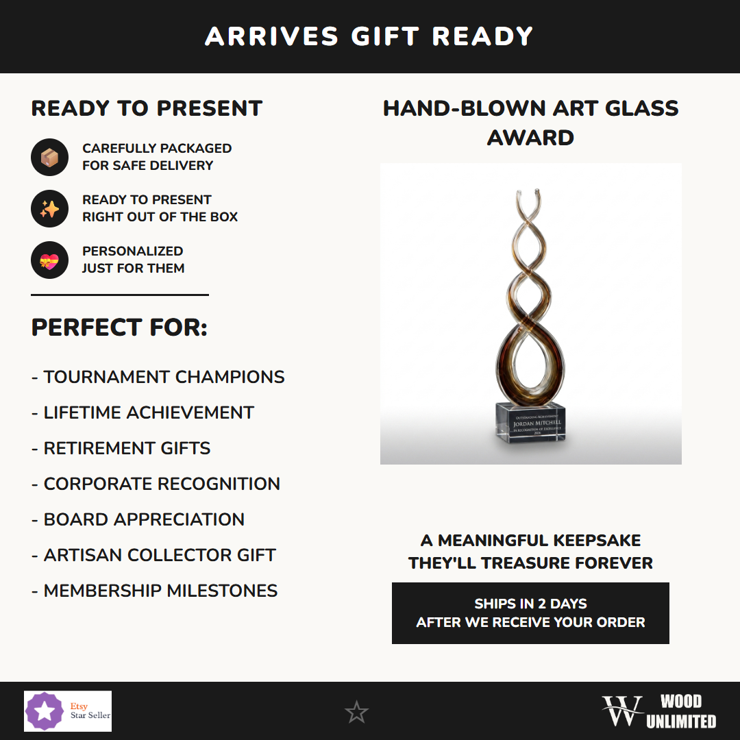 Gift-ready personalized Amber Caramel Infinity art glass award, perfect for ceremonies, retirements, and corporate recognition
