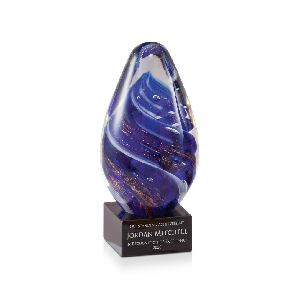 Personalized Sculpture art glass award, custom laser engraved recognition award on a clean white studio background