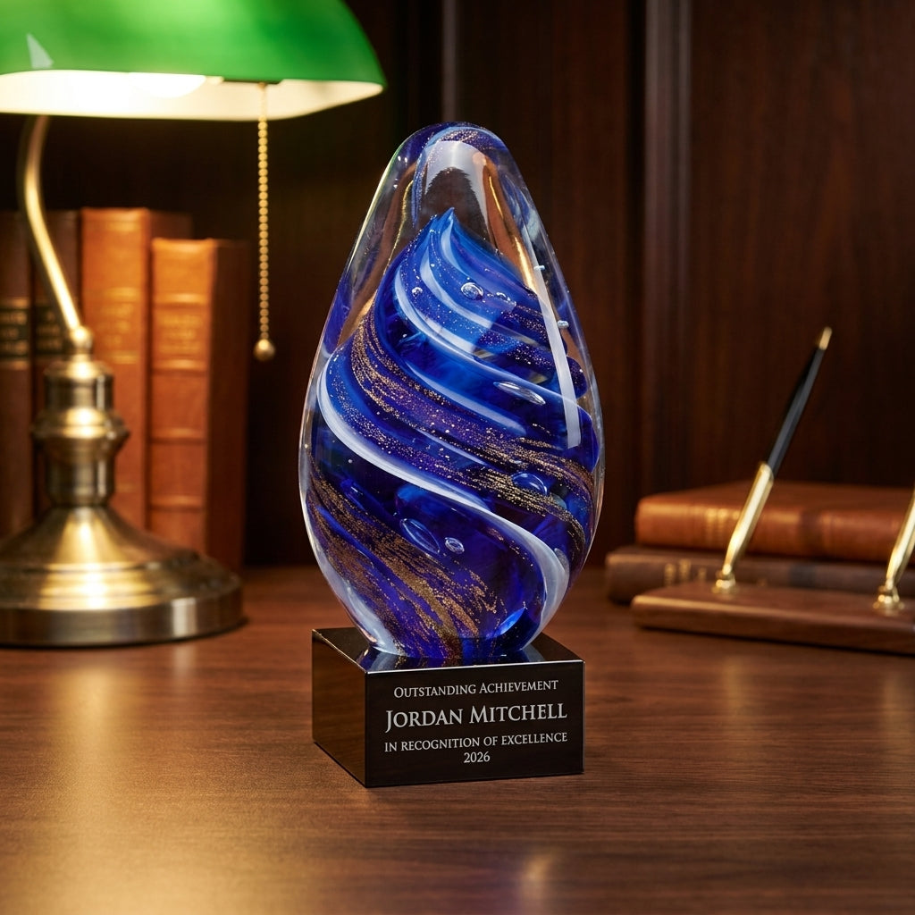 Personalized Sculpture art glass award on a warm executive desk with a green banker's lamp, engraved corporate recognition and retirement gift