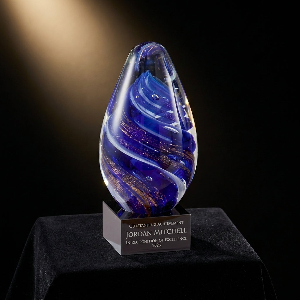 Personalized Sculpture art glass award on black velvet under awards-ceremony spotlight, engraved champion and lifetime achievement award