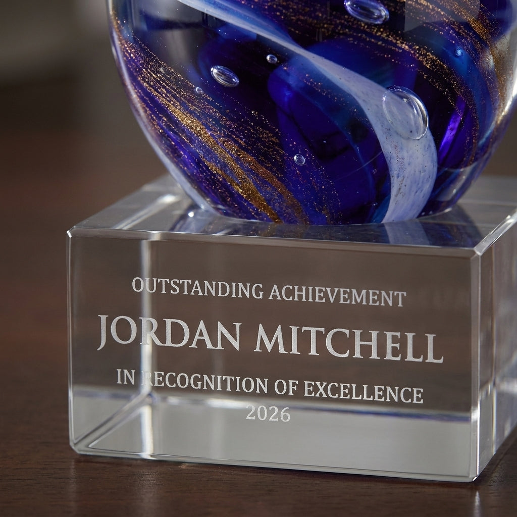 Close-up of the custom laser engraving on a personalized Sculpture art glass award, showing crisp permanent personalization