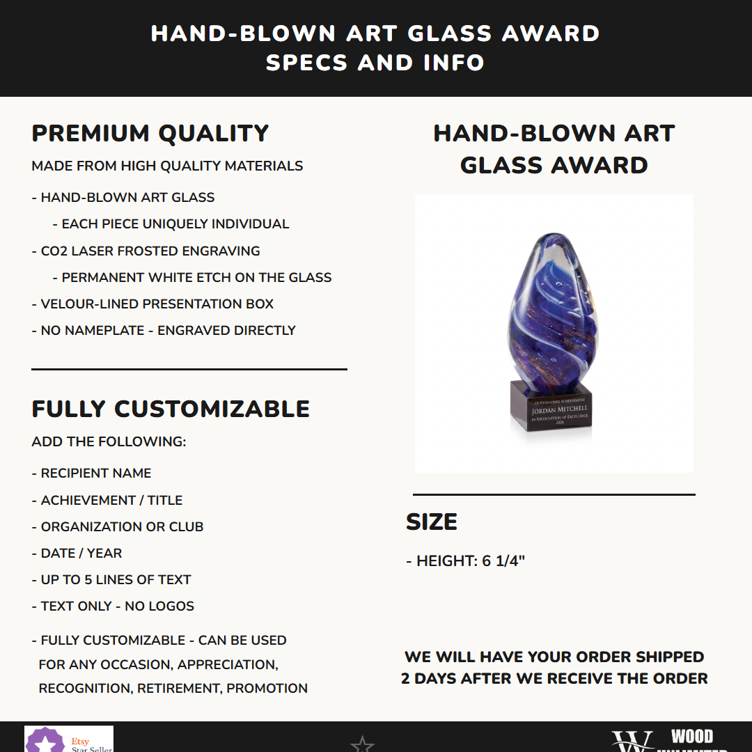 Specifications for the personalized Sculpture art glass award — materials, engraving, and features
