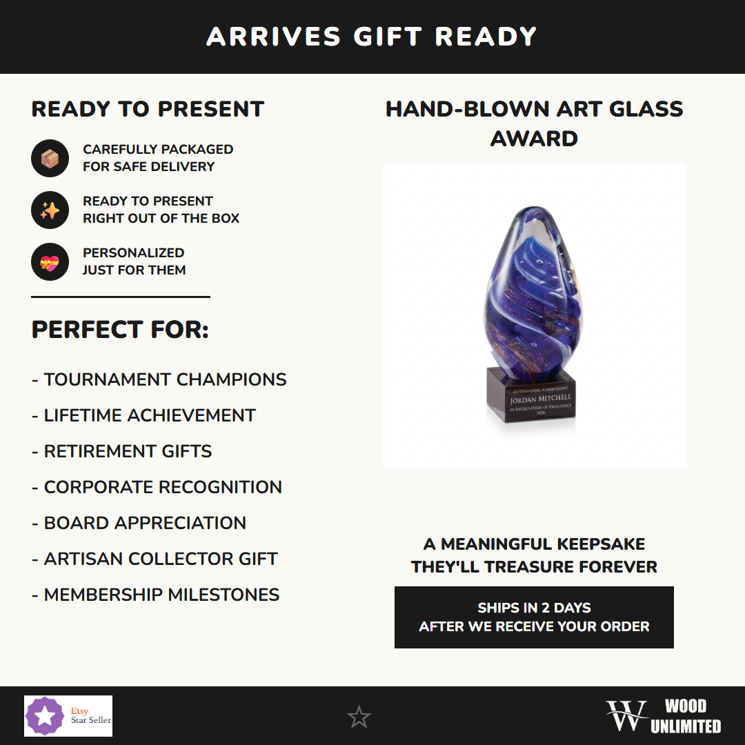 Gift-ready personalized Sculpture art glass award, perfect for ceremonies, retirements, and corporate recognition