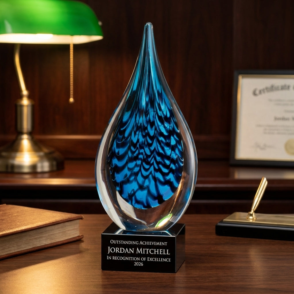 Personalized Sculpture art glass award on a warm executive desk with a green banker's lamp, engraved corporate recognition and retirement gift