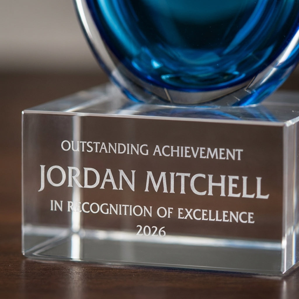 Close-up of the custom laser engraving on a personalized Sculpture art glass award, showing crisp permanent personalization