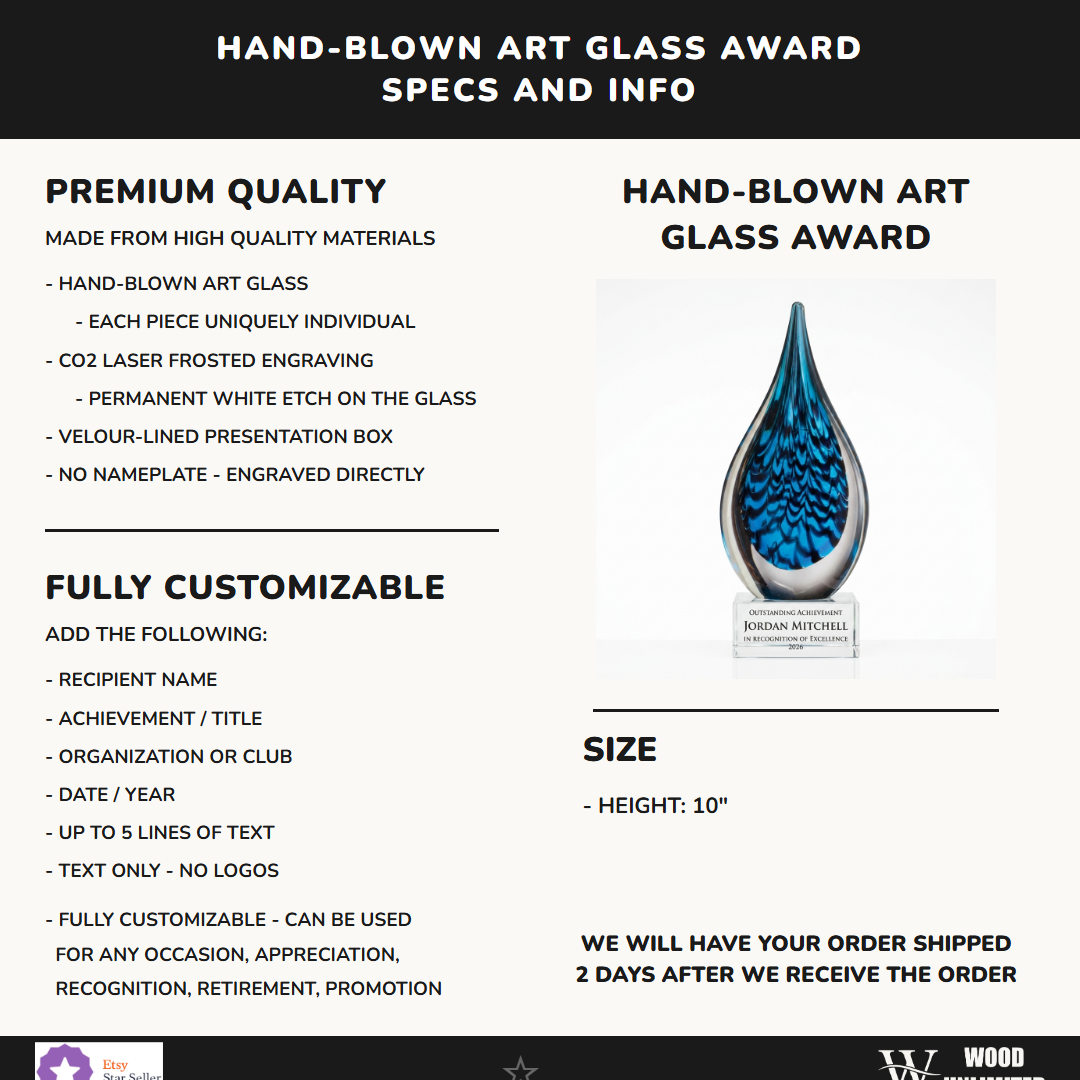 Specifications for the personalized Sculpture art glass award — materials, engraving, and features