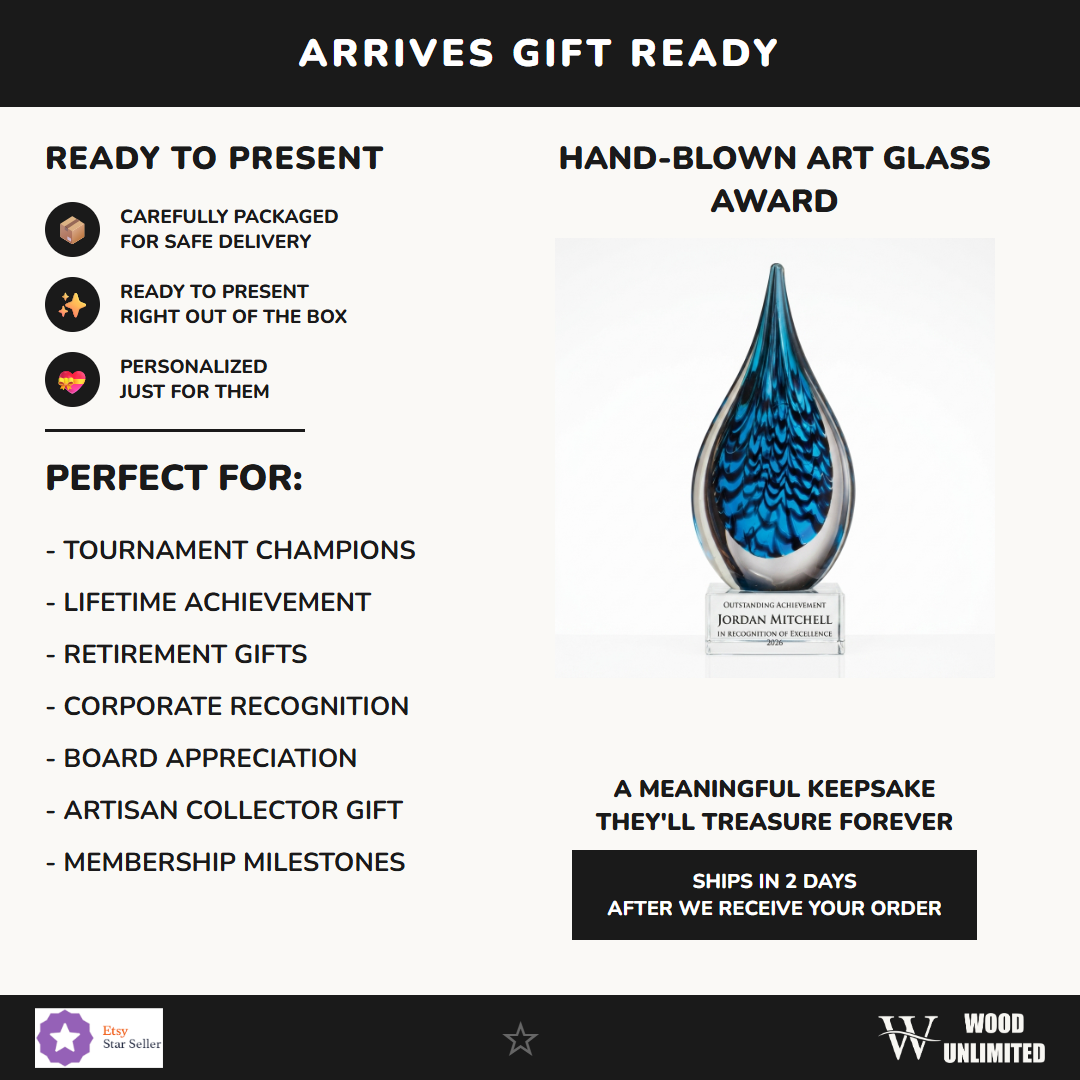 Gift-ready personalized Sculpture art glass award, perfect for ceremonies, retirements, and corporate recognition