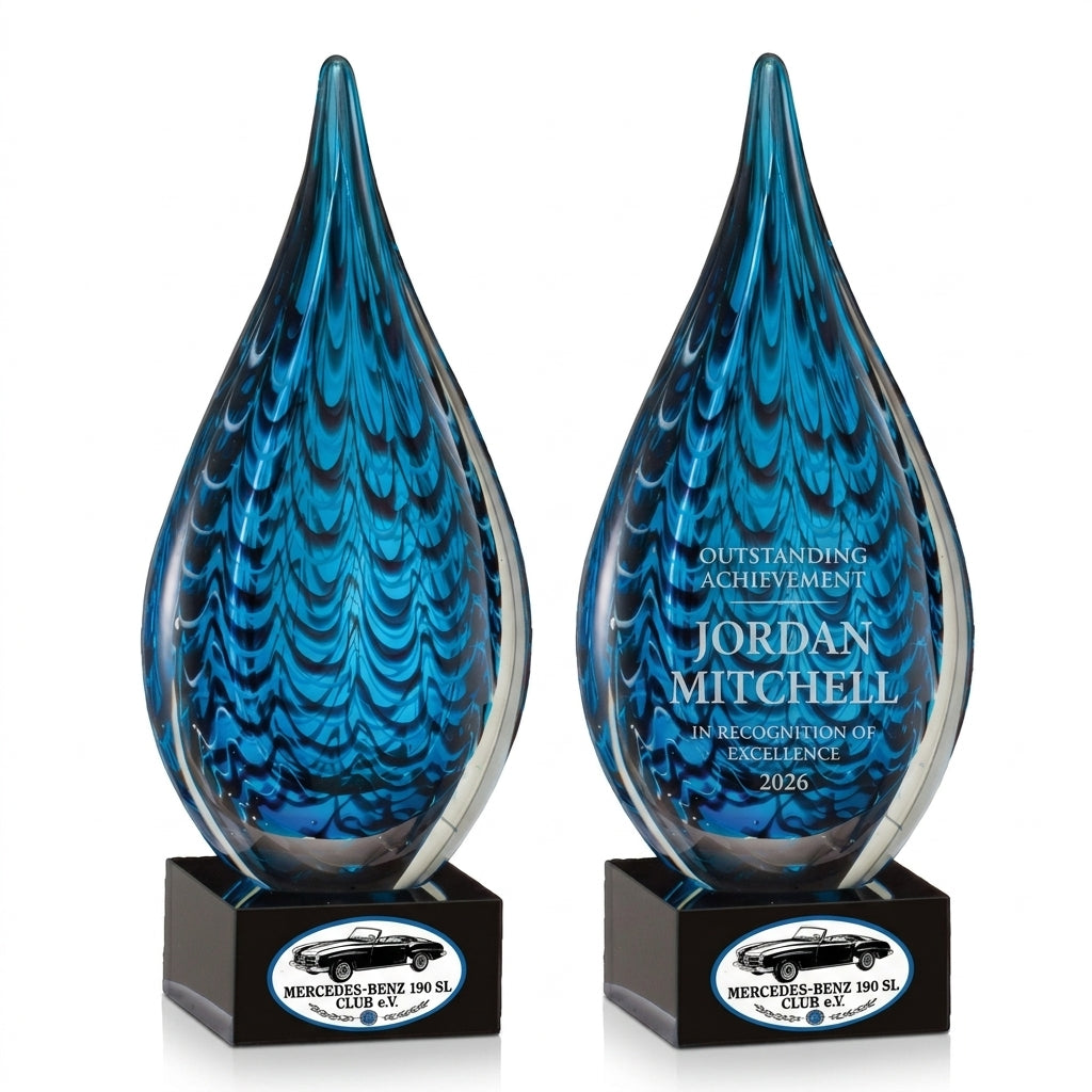 Personalized Sculpture art glass award, custom laser engraved recognition award on a clean white studio background
